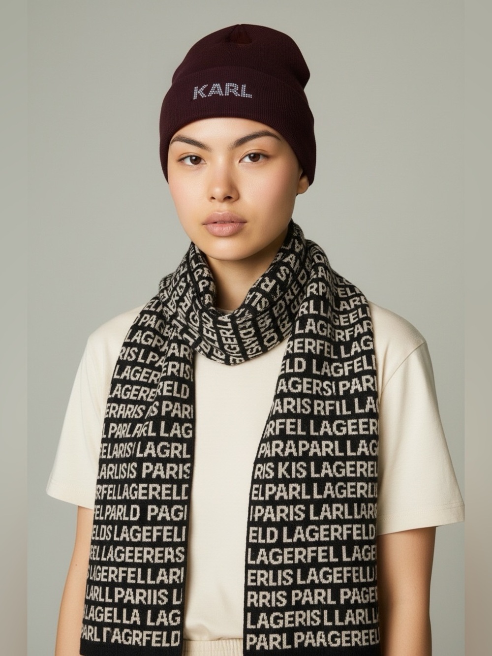 Karl Lagerfeld Black Logo Beanie & Branded Scarf Set NWT